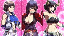  artist_request belt blush breasts cleavage cosplay embarrassed female fingerless_gloves gloves kazama_asuka kazama_jin kazama_jin_(cosplay) large_breasts parody snk_heroines:_tag_team_frenzy solo strapless tekken tekken_7 tubetop what_if 