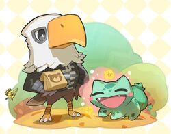  accipitrid accipitriform animal_crossing apollo_(animal_crossing) arthropod avian bald_eagle bird bulbasaur butterfly duo eagle flower generation_1_pokemon happy insects lepidopteran naoki_saito nintendo plant pokemon pokemon_(species) sea_eagle 