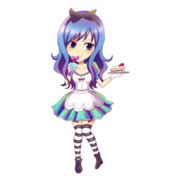  alice_(wonderland)_(cosplay) alice_in_wonderland apron blue_eyes blue_hair boots bottle cake cosplay fairy_tail female food gloves juvia_loxar ribbon simple_background solo thighhighs 