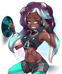  crop_top dark-skinned_female dark_skin female geistbox gloves green_eyes grin headphones long_hair marina_(splatoon) midriff nail_polish navel navel_piercing octoling piercing smile solo splatoon_(series) splatoon_2 tentacle_hair toned zipper 