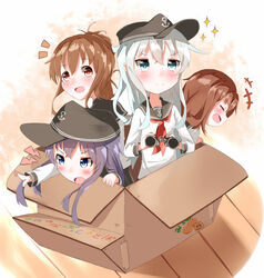  4girls akatsuki_(kancolle) anchor_symbol binoculars black_hat blue_eyes box brown_eyes brown_hair cardboard_box closed_eyes commentary_request eyebrows flat_cap green_eyes hair_between_eyes hat hibiki_(kancolle) ikazuchi_(kancolle) in_box in_container inazuma_(kancolle) kantai_collection long_hair multiple_girls natsuyoshi_(natsun) neckerchief open_mouth purple_hair red_neckerchief school_uniform serafuku short_hair white_hair 