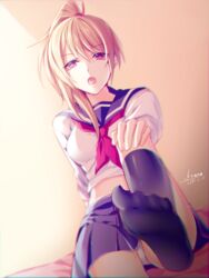  black_socks blonde_hair feet female genderswap_(mtf) gintama highres kneehighs kouno_kb long_hair looking_at_viewer midriff no_shoes okita_sougo okita_souko open_mouth panties pantyshot ponytail protected_link purple_eyes rule_63 school_uniform sitting socks solo underwear white_panties 