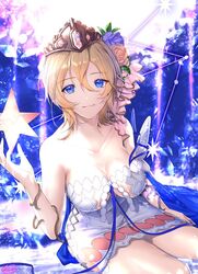  bare_shoulders blonde_hair blue_eyes breasts cleavage closed_mouth collarbone commentary_request dress europa_(granblue_fantasy) female flower granblue_fantasy hair_between_eyes hair_flower hair_ornament looking_at_viewer matsuki_tou short_hair smile solo tiara white_dress 