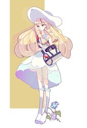  bag bare_shoulders blonde_hair blue_flower braid commentary_request dress duffel_bag female flower green_eyes hat kneehighs lillie_(pokemon) long_hair morning_glory plant pokemon pokemon_sm purple_flower reed sleeveless sleeveless_dress socks solo sun_hat sundress twin_braids vines white_dress 