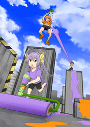  1boy 2girls antenna_hair bike_shorts black_hair cloud cloudy_sky commentary crossover day from_below glasses hair_ribbon jumping koshigaya_natsumi koshigaya_suguru long_hair long_sleeves maco_(yamamac) midriff miyauchi_renge multiple_girls navel non_non_biyori open_mouth orange_hair paint_roller pants purple_hair red_eyes ribbon short_hair short_sleeves sky smile splat_roller_(splatoon) splatoon_(series) splatoon_1 splattershot_(splatoon) triangle_mouth twintails 