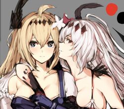  2girls ahoge bare_shoulders blonde_hair blue_eyes blush breasts collarbone commentary_request dark_jeanne dual_persona flower gloves granblue_fantasy green_eyes groping hair_flower hair_ornament hand_on_another&#039;s_chest jeanne_d&#039;arc_(granblue_fantasy) large_breasts looking_at_viewer multiple_girls red_eyes watao white_hair yuri 