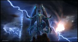  2015 anthro bioluminescence blue_body blue_eyes blue_scales corvuspointer dest dragon electricity glowing glowing_eyes glowing_markings hi_res horn lightning male markings membrane_(anatomy) membranous_wings mythological_creature mythological_scalie mythology outside pose scales scalie solo spikes standing storm tail teeth tornado wings 