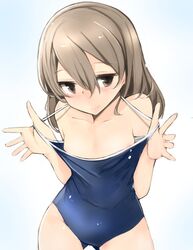  ass_visible_through_thighs bad_id bad_twitter_id breasts brown_eyes brown_hair clothes_pull competition_school_swimsuit female girls_und_panzer highres inactive_account long_hair muoto one-piece_swimsuit one-piece_swimsuit_pull pulling_own_clothes school_swimsuit shimada_arisu small_breasts smile solo swimsuit 