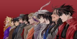  6+boys abe_no_seimei_(drifters) beard beret black_hair blonde_hair butch_cassidy_(drifters) cigarette commentary_request drifters eyepatch facial_hair goggles goggles_on_head group_picture group_profile hannibal_barca_(drifters) hat indesign kanno_naoshi_(drifters) lineup long_hair manly moustache multiple_boys nasu_no_yoichi_(drifters) oda_nobunaga_(drifters) profile publius_cornelius_scipio_africanus_(drifters) saint-germi scarf shimazu_toyohisa_(drifters) short_hair stubble sundance_kid_(drifters) white_hair yamaguchi_tamon_(drifters) 