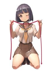  absurdres black_hair blunt_bangs blush brown_eyes commentary_request female highres ichihachiyon kneeling looking_at_viewer neckerchief one_eye_closed open_mouth original pleated_skirt red_ribbon ribbon school_uniform serafuku short_hair skirt solo 