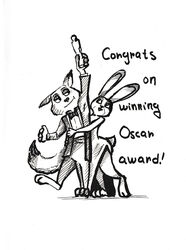  2017 3_toes 4_fingers academy_awards anthro award black_tie_(suit) canid canine clothed clothing dipstick_ears dipstick_tail disney dress duo ear_markings feet female fingers fox fur greyscale hi_res holding_award holding_object holding_oscar_statuette hug judy_hopps lagomorph leporid male mammal markings monochrome multicolored_ears multicolored_tail nick_wilde oscar_statuette rabbit red_fox simple_background suit suslikd tail tail_markings toes true_fox white_background zootopia 