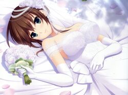  bouquet breasts bridal_veil brown_hair dress elbow_gloves female flower gloves green_eyes hatsukoi_1/1 highres jewelry koizumi_amane large_breasts lying necklace pearl_necklace rose solo tokizaki_maya veil wedding_dress white_flower white_rose 