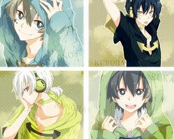  4boys arrow_(symbol) asuna_(doruru-mon) bad_id bad_pixiv_id black_hair blue_eyes character_name dark_konoha grey_hair headphones hood hoodie kagerou_project kokonose_haruka konoha_(kagerou_project) konoha_no_sekai_jijou_(vocaloid) looking_at_viewer male_focus mole mole_under_eye multiple_boys multiple_persona necktie open_mouth outer_science_(vocaloid) red_eyes short_hair smile summertime_record_(vocaloid) tongue tongue_out white_hair yellow_eyes yuukei_yesterday_(vocaloid) 