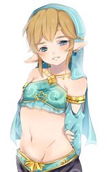  1boy armpits blonde_hair blue_eyes blush circlet commentary crossdressing earrings gerudo_set_(zelda) highres jewelry link male_focus midriff navel otoko_no_ko pointy_ears seitarou simple_background smile solo the_legend_of_zelda the_legend_of_zelda:_breath_of_the_wild white_background 