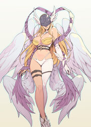  angel_wings angewomon armor asymmetrical_clothes aura bare_arms bare_shoulders blonde_hair boots breastplate breasts buckle cleavage commentary_request covered_eyes detached_collar digimoji digimon digimon_(creature) digimon_adventure elbow_gloves feathered_wings feet_out_of_frame female gloves grey_background hagoromo head_wings helmet highres large_breasts lips long_hair multiple_wings navel o-ring oda_non shawl shiny_skin simple_background single_glove single_pantsleg skindentation smile solo thigh_strap white_background white_gloves white_wings wings wrist_wings zipper 