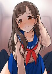  1boy adjusting_hair blue_skirt blurry blurry_background blush brown_eyes brown_hair commentary_request cowgirl_position female heart heart-shaped_pupils highres idolmaster idolmaster_cinderella_girls idolmaster_cinderella_girls_starlight_stage long_hair looking_at_viewer mizumoto_yukari neckerchief pleated_skirt pov red_neckerchief sailor_collar school_uniform serafuku signature skirt smile solo_focus straddling straight sweat sweater symbol-shaped_pupils takuji_yuusaku tucking_hair 