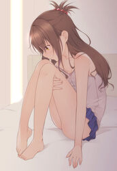  bad_id bad_pixiv_id bare_arms bare_legs bare_shoulders barefoot blue_skirt blush breasts brown_hair camisole cleavage collarbone eyebrows feet female from_side hair_bobbles hair_ornament highres knees_up long_hair looking_down miniskirt one_side_up photoshop_(medium) profile shokuyou_mogura sitting skirt sleeveless small_breasts solo strap_slip thighs to_love-ru yellow_eyes yuuki_mikan 