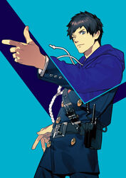  1boy black_hair cutout_handle gotou_hidenori highres hood hoodie kurahana_chinatsu male_focus official_art one_eye_closed pointing police police_uniform samurai_flamenco solo uniform 