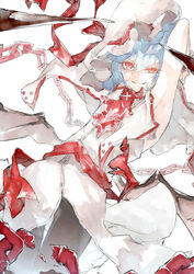  armpits ascot bare_arms bat_wings black_legwear blue_hair broken broken_chain capelet chains commentary_request cowboy_shot cross dress evil_grin evil_smile female frilled_hat frills fujinohara_akihira grin hair_between_eyes hat hat_ribbon looking_at_viewer mob_cap red_ascot red_eyes red_ribbon remilia_scarlet ribbon sash short_hair sleeveless smile solo touhou uneven_eyes white_background white_dress white_hat wings wrist_cuffs 