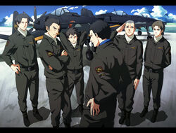  6+boys aircraft airplane bad_id bad_pixiv_id chijiwa_takeo hasami_shin&#039;ichi hikuushi_series kannonji_hideaki matsuda_taichi midou_nagaomi military military_uniform multiple_boys natuichi-7212 photoshop_(medium) pilot pilot_suit salute sugino_heisuke toaru_hikuushi_e_no_yasoukyoku uniform 