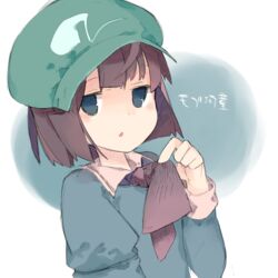  akimaki_yuu black_hair black_necktie blue_background blue_eyes blue_shirt collared_shirt commentary dark_haired_kappa female flat_cap green_hat hat highres juliet_sleeves kappa_mob_(touhou) long_sleeves looking_at_viewer necktie open_mouth puffy_sleeves shirt short_hair solo touhou translated upper_body white_background wing_collar 