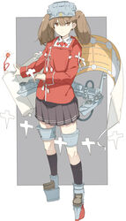  bad_id bad_pixiv_id brown_eyes brown_hair commentary_request female flight_deck_scroll grey_background highres hose hull_shoes kantai_collection long_hair looking_at_viewer magatama mecha_musume ninimo_nimo platform_footwear ribbon rigging ryuujou_(kancolle) ryuujou_kai_ni_(kancolle) scroll shikigami simple_background skirt socks solo tassel twintails visor_cap white_ribbon 