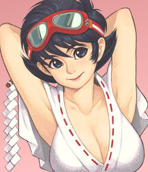  armpits arms_up black_hair blue_eyes breasts cleavage collarbone commentary_request female goggles goggles_on_head japanese_clothes large_breasts light_smile lips maou_alba miko sengoku_ace sengoku_blade short_hair solo togashi_koyori 