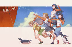  4girls :d bird black_footwear black_hair black_skirt blue_skirt blue_sky bow bowtie braid brown_hair chinese_commentary clenched_hand closed_eyes cloud commentary_request crown_braid day food food_print graphite_(medium) grin hair_bun highres jacket jumping kobuchizawa_shirase loafers long_skirt mary_janes midair miyake_hinata multiple_girls onigiri open_clothes open_jacket open_mouth outdoors penguin photoshop_(medium) pleated_skirt print_shirt profile red_footwear regition rope running seagull shaded_face ship shiraishi_yuzuki shirt shoes short_hair single_hair_bun skirt sky smile sneakers socks sora_yori_mo_tooi_basho t-shirt tamaki_mari traditional_media unworn_jacket v-shaped_eyebrows watercraft white_legwear yellow_shirt 