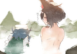  2girls animal_ears back blue_hair brown_eyes brown_hair clothed_female_nude_female commentary_request completely_nude fins frilled_kimono frills from_behind fujinohara_akihira green_kimono head_fins imaizumi_kagerou japanese_clothes kimono looking_at_another mermaid monster_girl multiple_girls nude onsen partially_submerged same-sex_bathing shared_bathing steam sweat tied_hair touhou towel towel_on_head translated wakasagihime wolf_ears 