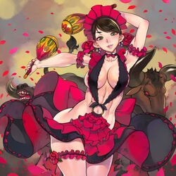  arm_scrunchie arm_up armband bad_id bad_pixiv_id breasts brown_hair bull collarbone commentary_request consuela_de_la_fuente earrings f.s. female flamenco green_eyes headband instrument jewelry lips looking_at_viewer maracas navel no_panties o-ring open_mouth petals pursed_lips red_skirt sideboob skirt smile standing tanto_cuore thigh_strap 