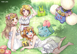  3girls :d :o artist_name barefoot blue_eyes blush bow brown_eyes brown_hair closed_eyes commentary_request crossover day dress flower grass hairbow head_wreath ivysaur jumpluff koizumi_hanayo kosaka_honoka long_hair love_live! love_live!_school_idol_project lying minami_kotori mono_land multiple_girls on_side open_mouth outdoors photoshop_(medium) pokemon pokemon_(creature) printemps_(love_live!) purple_eyes red_eyes shade short_hair sitting smile sunkern sunlight swadloon vileplume white_bow white_dress 