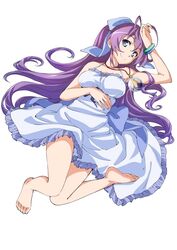  barefoot blue_eyes bracelet dress female full_body jewelry long_hair looking_at_viewer official_art pendant purple_hair ryuugajou_nanana ryuugajou_nanana_no_maizoukin simple_background smile solo spaghetti_strap sundress white_background 