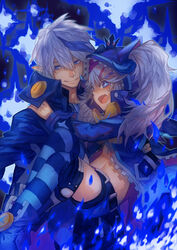  1boy :d blue_background blue_hair blue_horns blue_shorts blue_theme blue_thighhighs carrying chiliarch_(elsword) ciel_(elsword) coat commentary_request crown dreadlord_(elsword) earrings elsword female gloves hair_ornament hairclip highres hood hoodie horns jewelry long_hair luciela_r._sourcream midriff mini_crown mister_rhino_(wangzisama1001) multicolored_hair oerba_yun_fang open_mouth partially_fingerless_gloves photoshop_(medium) pointy_ears princess_carry shorts smile streaked_hair striped_clothes striped_thighhighs symbol-shaped_pupils thighhighs twintails two-tone_hair white_hair 