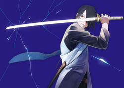  1boy amputee black_hair chokutou commentary_request hair_over_one_eye katana lightning male_focus naruto naruto_(series) oba-min photoshop_(medium) sharingan solo sword uchiha_sasuke weapon 