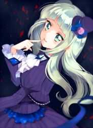  :d aikatsu! aikatsu!_(series) bad_id bad_pixiv_id banned_artist blush flower gem gothic_lolita green_eyes green_hair hair_down hand_to_own_mouth hat hat_flower hat_ribbon kobeni_hijiko lolita_fashion long_hair looking_at_viewer mini_hat mini_top_hat oerba_yun_fang open_mouth ribbon smile solo top_hat toudou_yurika 