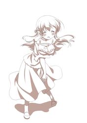  absurdres anno_masato arm_under_breasts blouse blush breast_hold breasts closed_eyes commentary_request dress female full_body highres kyouzuka_shion large_breasts long_hair monochrome open_mouth shirt shoes skirt slow_start smile solo standing white_background wind 