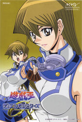  00s blonde_hair breasts duel_disk dvd female female fingerless_gloves gloves gradient gradient_background holding holding_card large_breasts lipstick long_hair looking_at_viewer makeup obelisk_blue_uniform official_art scan school_uniform shiny_skin skirt tenjouin_asuka upper_body yellow_eyes yu-gi-oh! yuu-gi-ou_(card) yuu-gi-ou_gx 