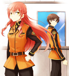  1boy braid brown_eyes brown_hair commentary_request female hikuushi_series iria_cryschmitt long_hair red_hair sakagami_kiyoaki sanada_haiji short_hair toaru_hikuushi_e_no_seiyaku uniform yellow_eyes 