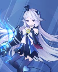  +_+ blue_background blue_eyes blue_skirt blue_sleeves blue_thighhighs bow bridal_gauntlets brooch claws commentary_request crown dated demon_power_(elsword) detached_sleeves dress elsword female highres horns jewelry long_hair luciela_r._sourcream mini_crown miniskirt pale_skin pointy_ears sakurameow signature skirt smile solo strapless strapless_dress symbol-shaped_pupils tail thick_eyebrows thighhighs white_bow white_hair 