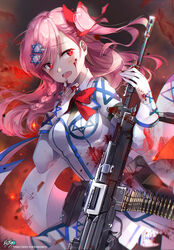  absurdres ammunition_belt artist_name asymmetrical_hair black_pantyhose blood blood_on_clothes blood_on_face blush bow braid breasts brush buttons collared_jacket commentary female finger_to_mouth fire floating_hair girls&#039;_frontline gloves glowing glowing_eyes grey_shirt gun hair_between_eyes hair_ornament hair_ribbon hairbow hairclip hexagram highres holding holding_weapon imi_negev israel jacket kyjsogom light_machine_gun light_particles long_hair looking_at_viewer machine_gun medium_breasts mid-stride negev_(girls&#039;_frontline) open_mouth pantyhose photoshop_(medium) pink_hair pleated_skirt red_bow red_eyes ribbon ruins shirt side_braid sidelocks skirt smile smirk solo standing star_of_david weapon white_gloves white_skirt wind wind_lift 