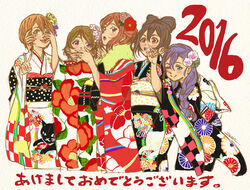  2016 5girls alternate_hairstyle black_hair brown_hair commentary_request flower furisode green_eyes hair_flower hair_ornament happy_new_year hoshizora_rin japanese_clothes kimono koizumi_hanayo komesodo love_live! love_live!_school_idol_project multiple_girls new_year nishikino_maki one_eye_closed orange_hair photoshop_(medium) purple_eyes purple_hair red_eyes red_hair smile tojo_nozomi translated yazawa_nico yellow_eyes 