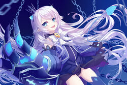  black_panties blue_background blue_eyes blue_skirt blue_theme blue_thighhighs bow brooch chains claws commentary_request crown demon_power_(elsword) elsword female jewelry long_hair luciela_r._sourcream mini_crown miniskirt panties pantyshot pointy_ears skirt smile solo standing symbol-shaped_pupils thighhighs underwear very_long_hair wataru_kuri white_bow white_hair 