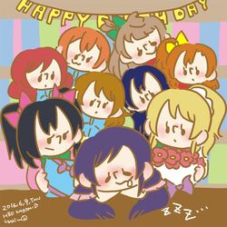  6+girls :3 ayase_eli blonde_hair blue_hair blush brown_hair chibi commentary_request dated drooling english_text happy_birthday hoshizora_rin koizumi_hanayo komesodo kosaka_honoka love_live! love_live!_school_idol_project minami_kotori multiple_girls nishikino_maki one_side_up sleeping sonoda_umi tojo_nozomi yazawa_nico 