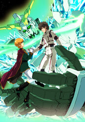  1boy audrey_burne banagher_links blonde_hair boots brown_hair cape commentary_request enfuku female gloves gundam gundam_unicorn hand_grab holding_hands jacket mineva_lao_zabi unicorn_gundam white_gloves 