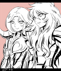  2boys aries_muu armor commentary_request gold_saint letterboxed long_hair male_focus mizuhara_aki mole mole_under_eye monochrome multiple_boys open_mouth pisces_aphrodite saint_seiya simple_background smile upper_body zodiac 