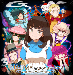  2girls 2others 3boys alice_in_wonderland animal_ears applebrown bad_id bad_pixiv_id belt berg_katse black_hair blonde_hair boots bow bra brown_hair cigarette crown double_v dress feline fingerless_gloves gatchaman_crowds gloves green_eyes green_hair hair_ornament hairbow hat hibiki_joe highres ichinose_hajime long_hair looking_at_viewer miya_utsutsu multiple_boys multiple_girls multiple_others ninomiya_rui o.d. otoko_no_ko paiman photoshop_(medium) popped_collar purple_eyes purple_hair rabbit_ears smile smoking tachibana_sugane top_hat underwear v watch yellow_eyes 