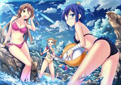  4girls :d ;o annoyed ass bad_id bad_pixiv_id ball bandaged_arm bandages beach beach_umbrella beachball bikini black_bikini black_hair blonde_hair blue_eyes brown_eyes brown_hair chuunibyou_demo_koi_ga_shitai! cloud day dekomori_sanae double_bun eyepatch frown hair_bun hair_ornament hairclip light_frown long_hair medical_eyepatch multiple_girls nibutani_shinka ocean one_eye_closed one_side_up open_mouth outdoors peach88 pentagram pink_bikini short_hair sky smile swimsuit takanashi_rikka trefoil tsuyuri_kumin twintails umbrella v-shaped_eyebrows water water_gun yellow_bikini 