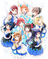  6+girls :d ;d aqua_eyes black_feathers black_ribbon blonde_hair blue_choker blue_dress blue_eyes blue_feathers blue_hair blue_scrunchie blunt_bangs blush brown_eyes brown_hair choker clenched_hands commentary_request cross-laced_clothes dress earrings feather_hair_ornament feathers finger_to_cheek flower frilled_sleeves frills ganbaru_pose green_eyes grey_hair hair_bun hair_flower hair_ornament hair_ribbon hair_up hairband hand_on_own_chest hand_on_own_hip hands_up highres hirako holding holding_feather index_finger_raised interlocked_fingers jewelry kunikida_hanamaru kurosawa_dia kurosawa_ruby long_hair long_sleeves love_live! love_live!_sunshine!! matsuura_kanan medium_hair mole mole_under_mouth multiple_girls musical_note musical_note_hair_ornament neck_ribbon necklace ohara_mari one_eye_closed open_mouth orange_hair own_hands_together pointing pointing_up pom_pom_(clothes) ponytail purple_eyes red_eyes red_flower red_hair red_rose ribbon rose sakurauchi_riko salute scrunchie short_hair short_sleeves single_side_bun single_sleeve sleeveless smile star_(symbol) takami_chika tiara tsushima_yoshiko two_side_up v_over_eye watanabe_you water_blue_new_world white_ribbon white_scrunchie 