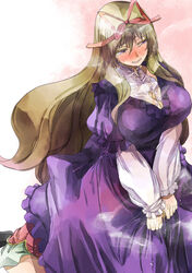  2girls blonde_hair blush breasts chen cleavage clenched_teeth clothes_grab colored_eyelashes commentary_request dress dress_grab frilled_dress frilled_sleeves frills hair_ribbon heavy_breathing implied_anilingus implied_cunnilingus large_breasts layered_sleeves long_hair long_sleeves looking_to_the_side multiple_girls multiple_tails nose_blush pink_background puffy_short_sleeves puffy_sleeves purple_dress purple_eyes ribbon see-through short_over_long_sleeves short_sleeves sweat tail tears teeth touhou two-tone_background two_tails under_skirt v_arms very_long_hair vest white_background yakumo_yukari yohane yuri 