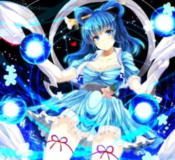  bad_id bad_pixiv_id belt blue_dress blue_eyes blue_hair breasts cleavage danmaku dress female flower hair_ornament hair_rings hair_stick head_tilt heart kaku_seiga large_breasts leg_ribbon looking_at_viewer petals puffy_sleeves ribbon sameya shawl short_dress short_hair short_sleeves smile solo touhou vest 